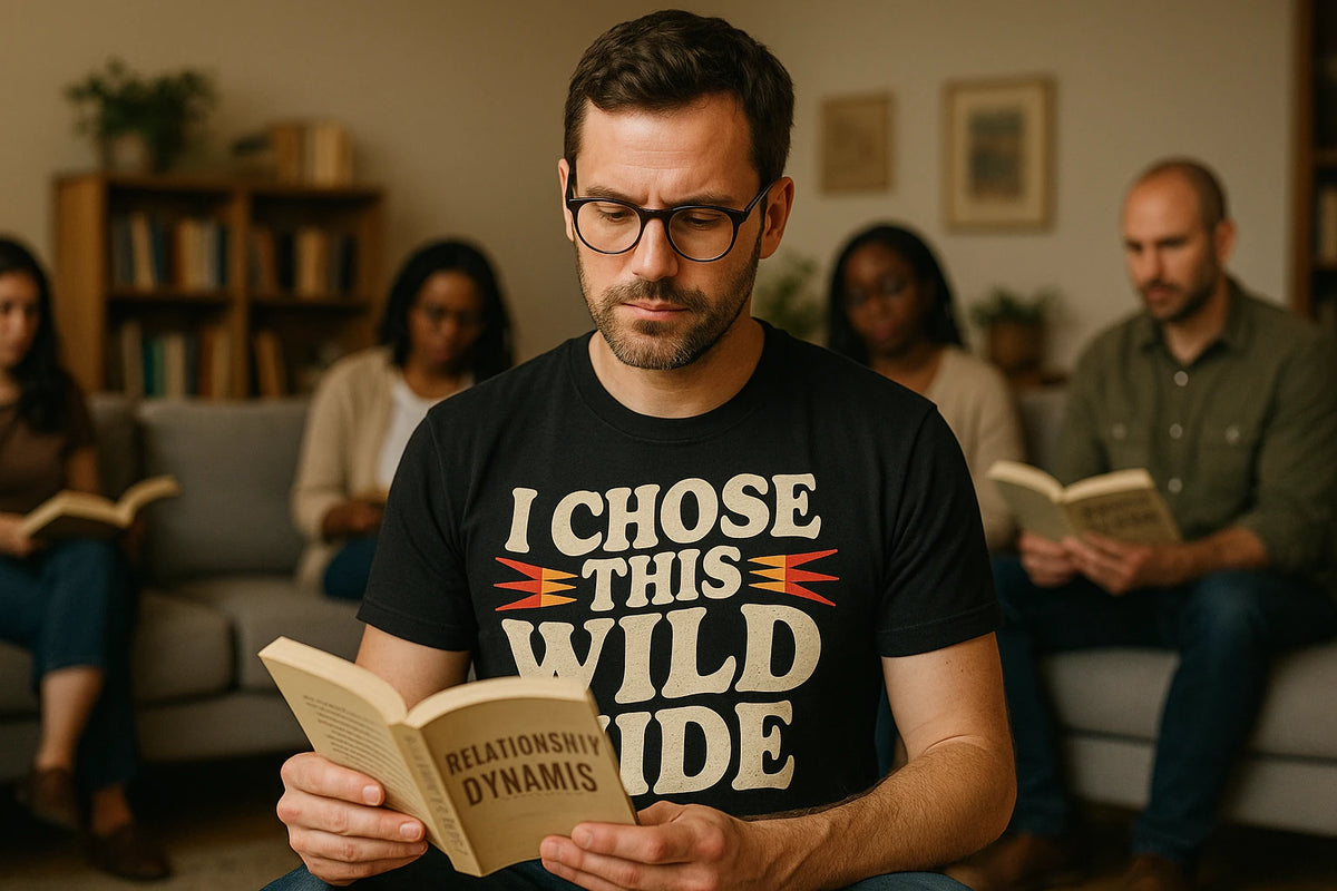 Lifestyle shot of the "I Chose This Wild Ride" black relationships shirts in a real-world setting
