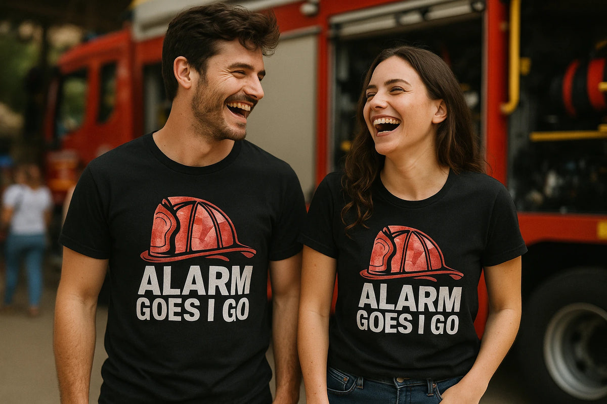 Person wearing the black firefighter tee shirts graphic tee - "Alarm Goes I Go" design