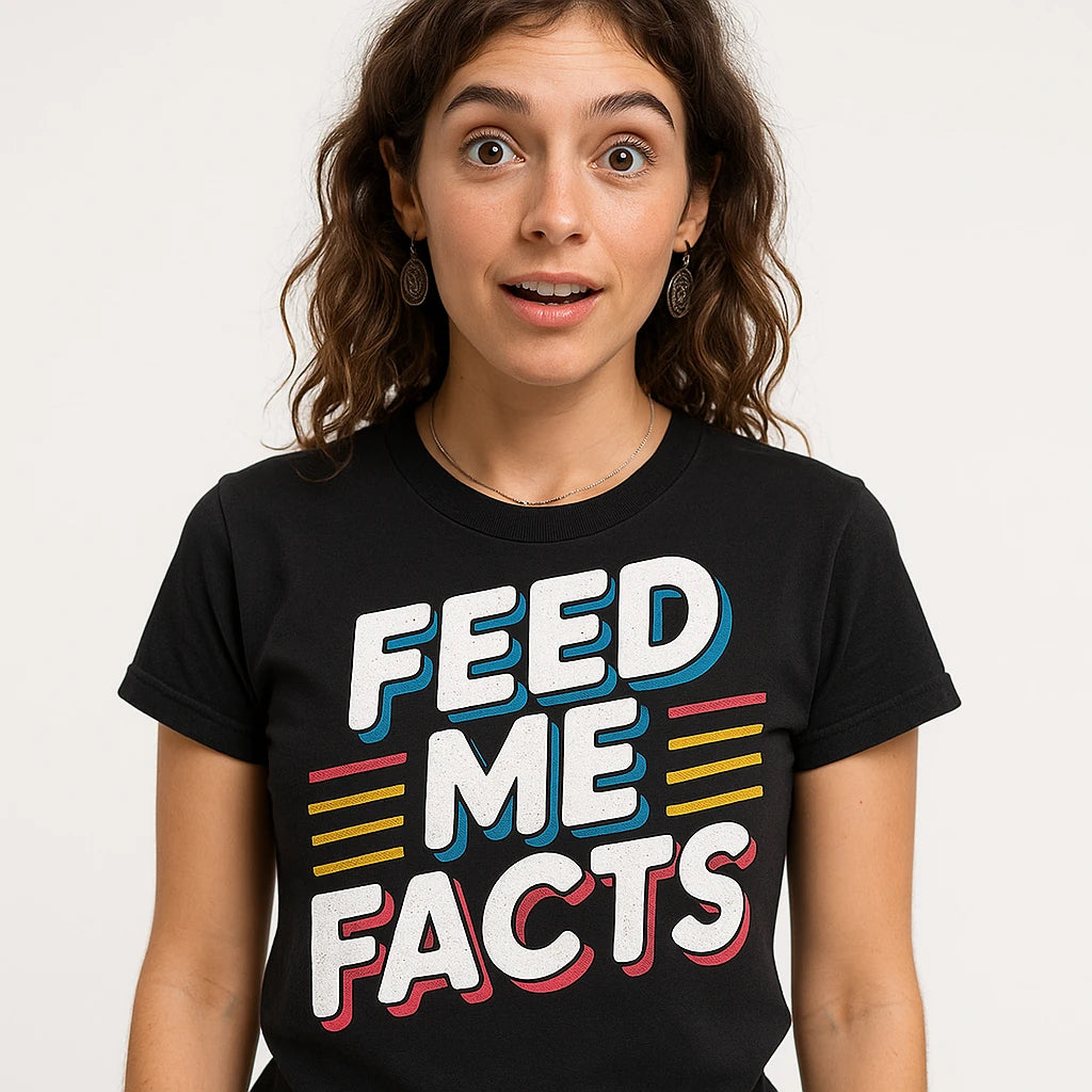 Close-up of the "Feed Me Facts" white print on a premium Bella+Canvas black studying t shirt