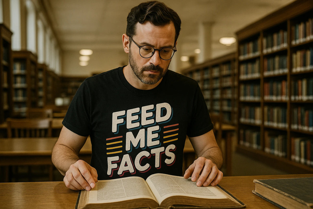 Lifestyle shot of the "Feed Me Facts" black studying t shirt in a real-world setting