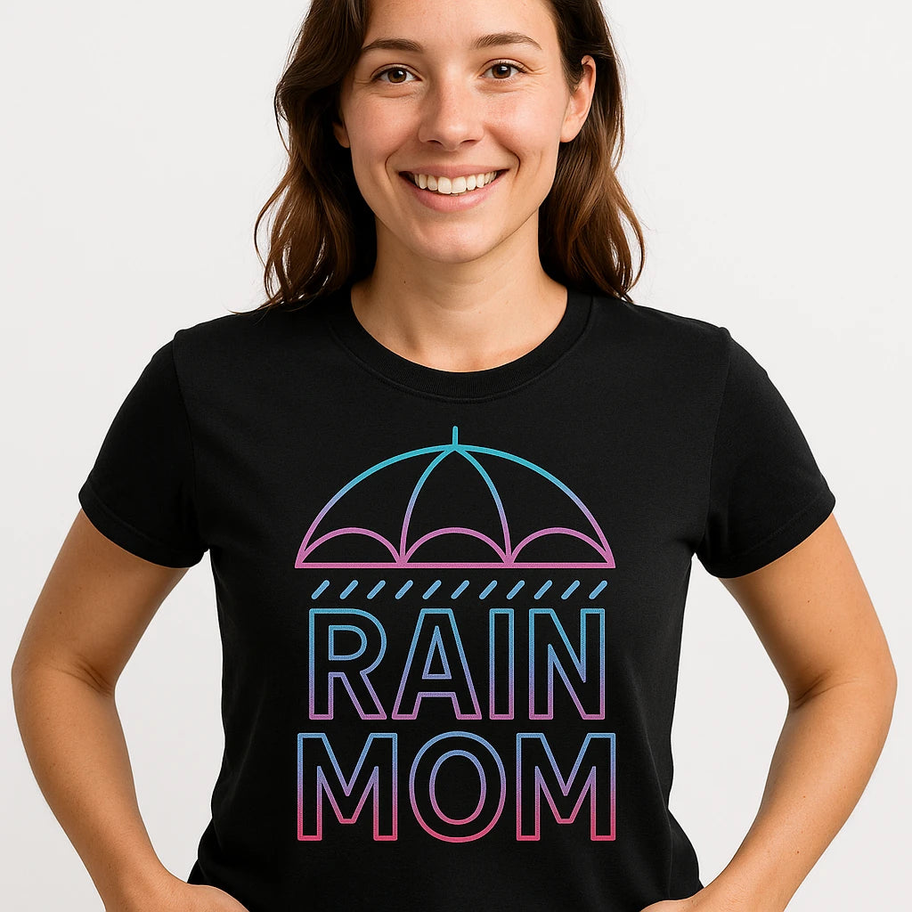 Close-up of the "Rain Mom" teal print on a premium Bella+Canvas black rain shirts