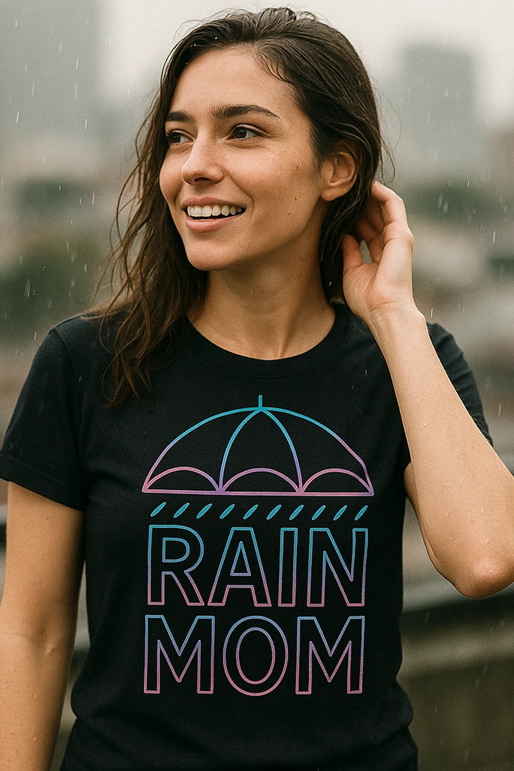 "Rain Mom" black rain shirts, photographed as gifts for rain lovers