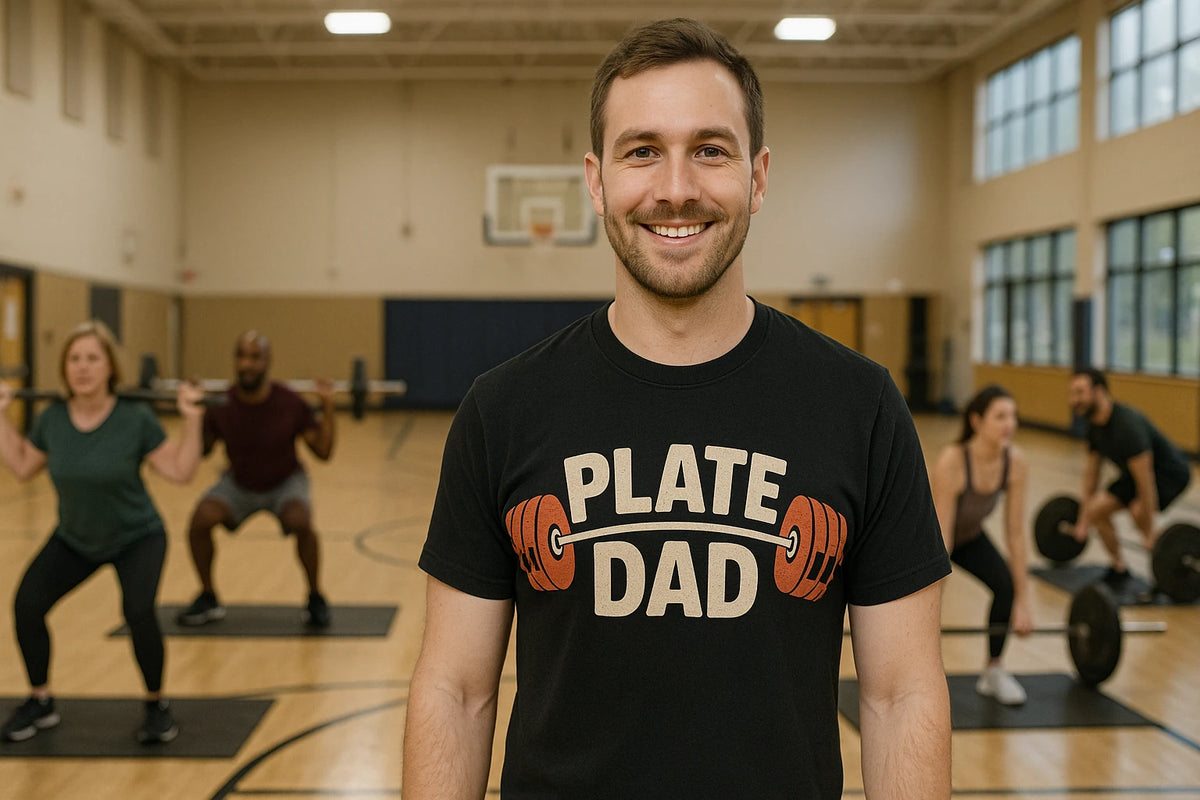 Lifestyle shot of the "Plate Dad" black weightlifting tee shirts in a real-world setting