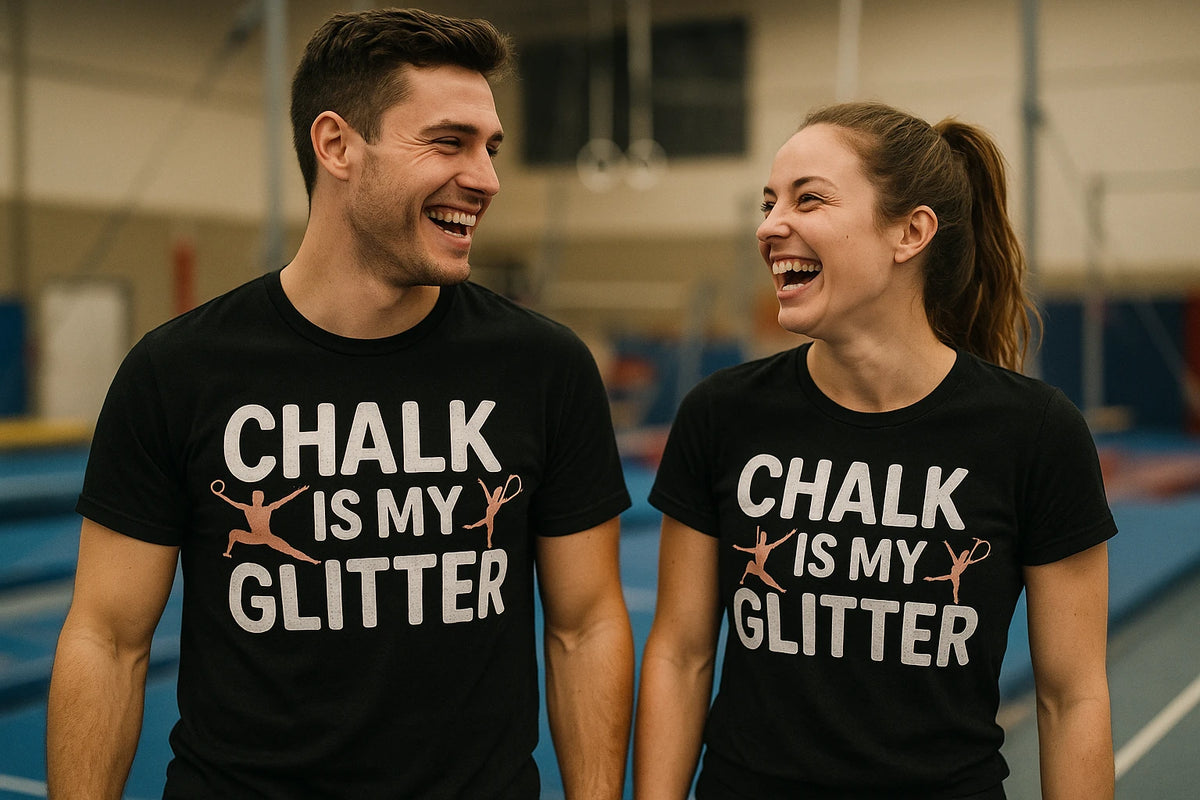 Person wearing the black gymnastics mom t shirt graphic tee - "Chalk Is My Glitter" design