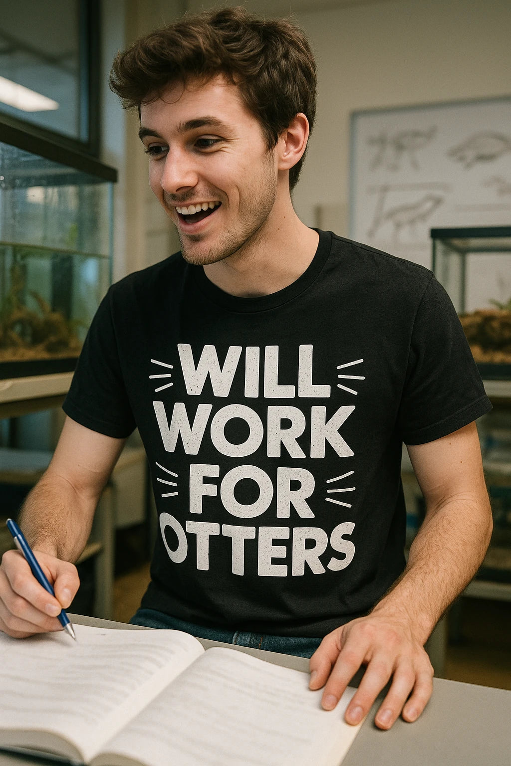"Will Work for Otters" black zoology t shirt, photographed as gifts for zoology lovers