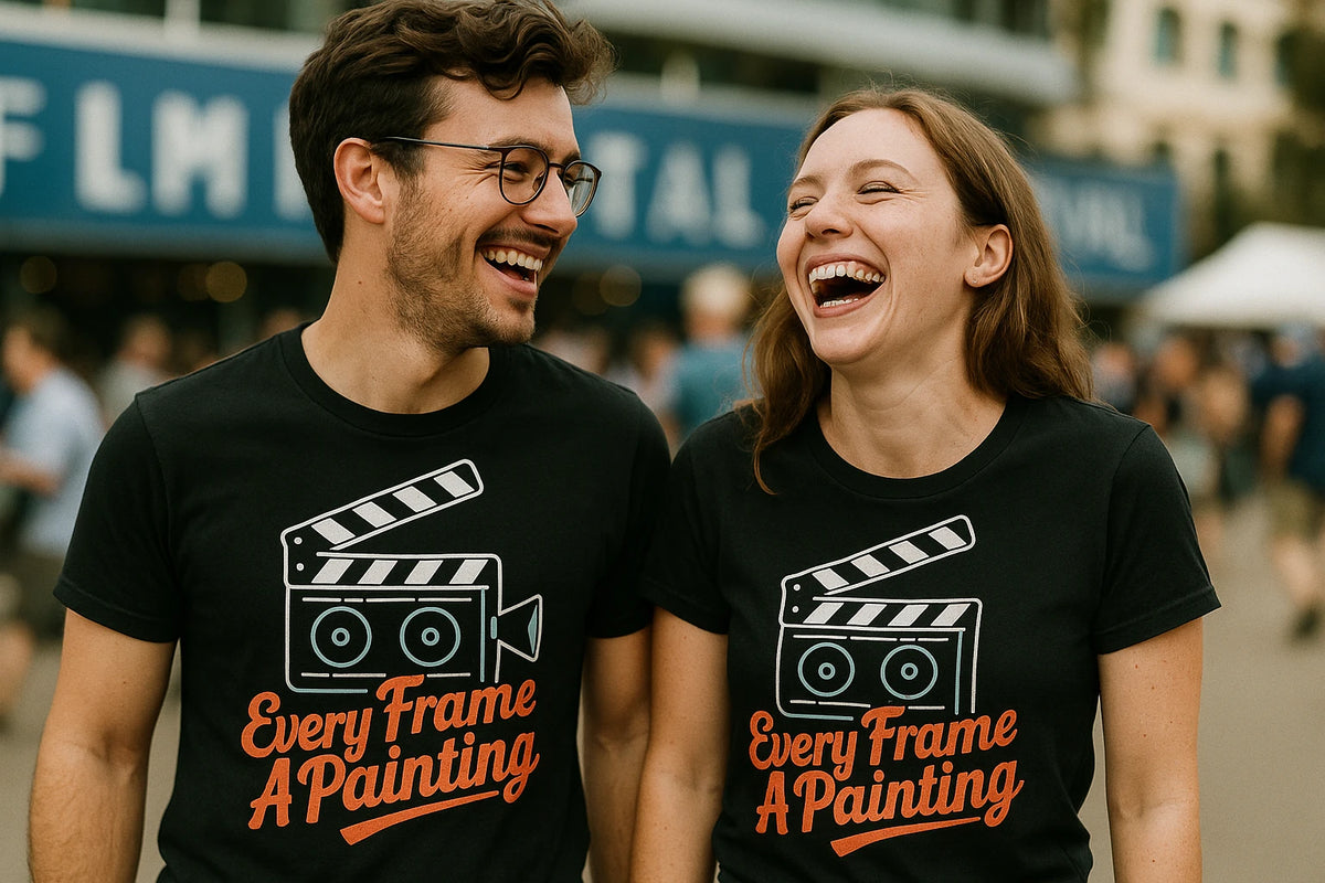 Person wearing the black film director t shirt graphic tee - "Every Frame a Painting" design