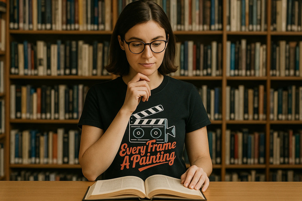 Lifestyle shot of the "Every Frame a Painting" black film director t shirt in a real-world setting