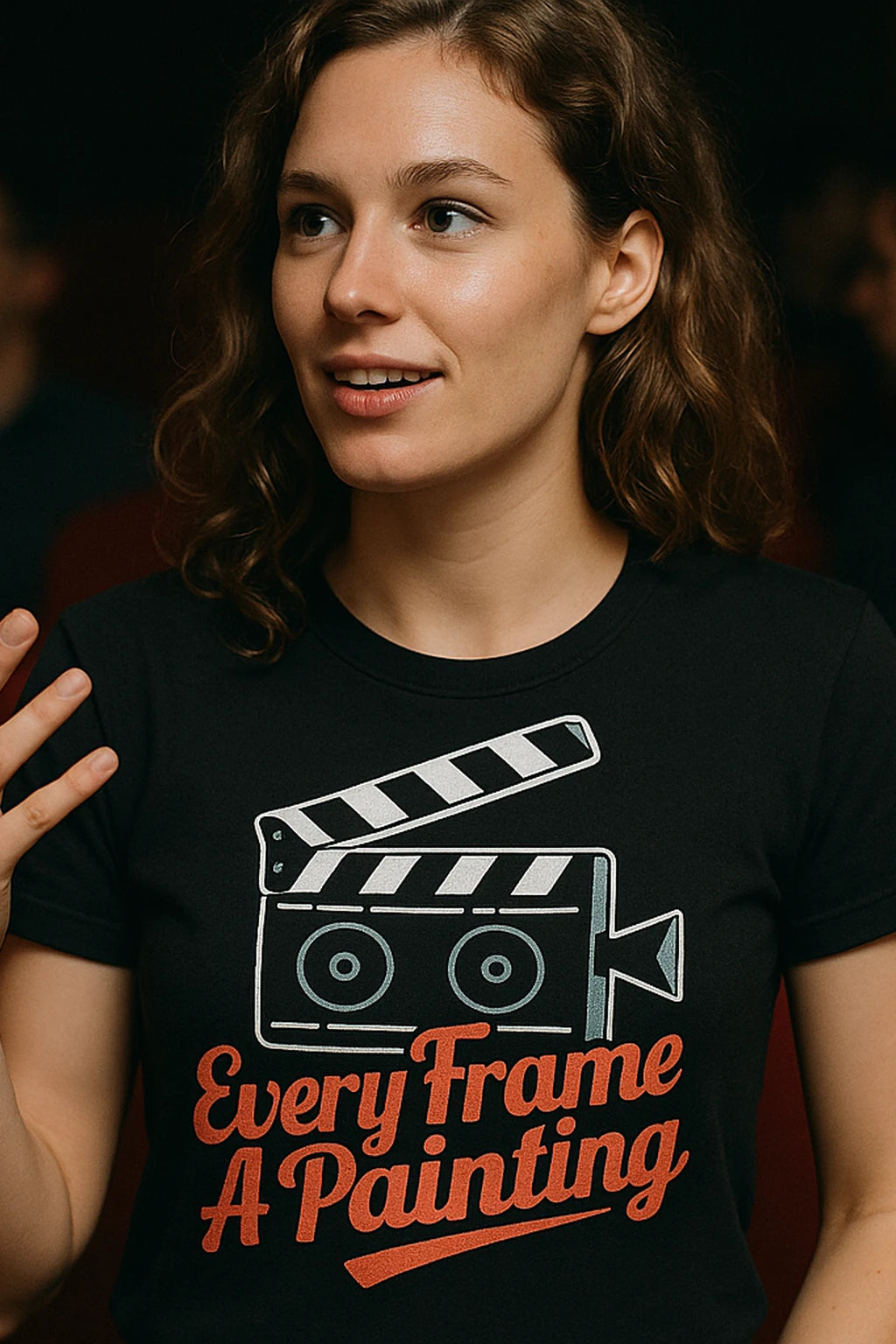 "Every Frame a Painting" black film director t shirt, photographed as film director lover gift