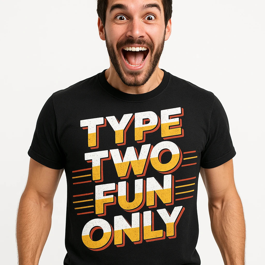 Close-up of the "Type Two Fun Only" gold print on a premium Bella+Canvas black ghost adventure shirts