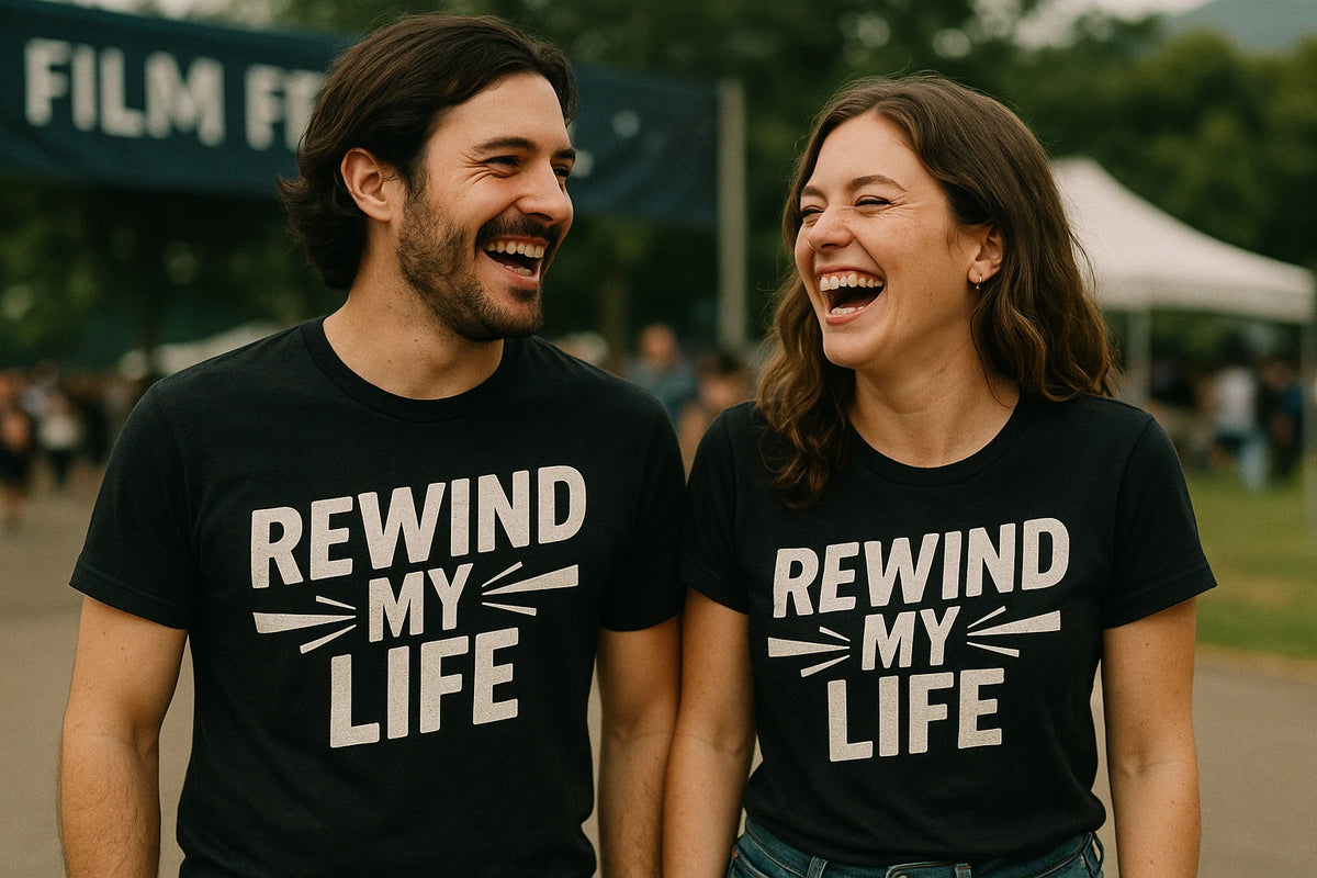 Person wearing the black graphic tee graphic tee - "Rewind My Life" design