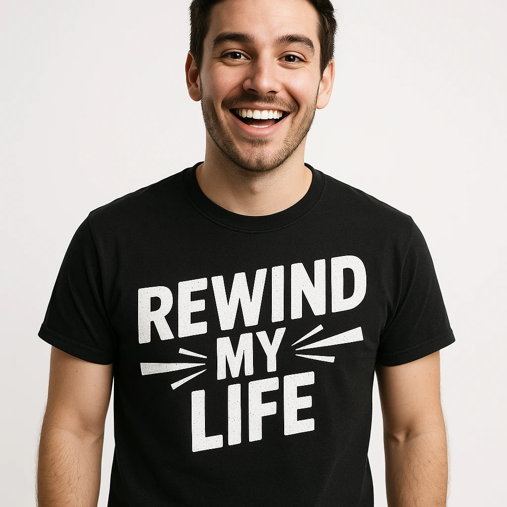 Close-up of the "Rewind My Life" white print on a premium Bella+Canvas black graphic tee