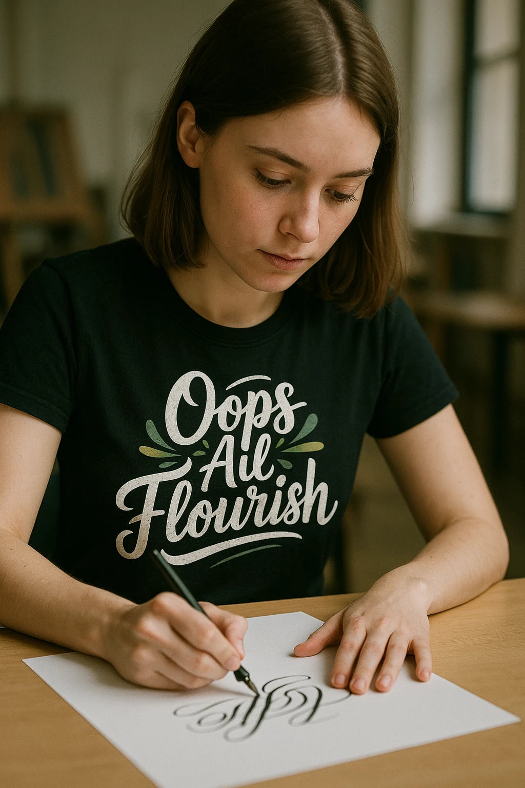 "Oops All Flourish" black calligraphy t shirt, photographed as gifts for calligraphy lovers