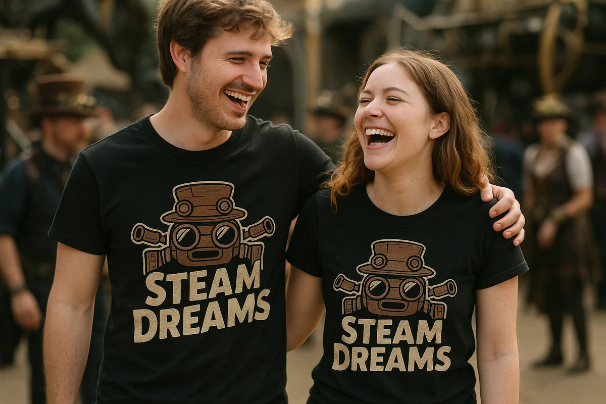 Person wearing the black steampunk shirts graphic tee - "Steam Dreams" design
