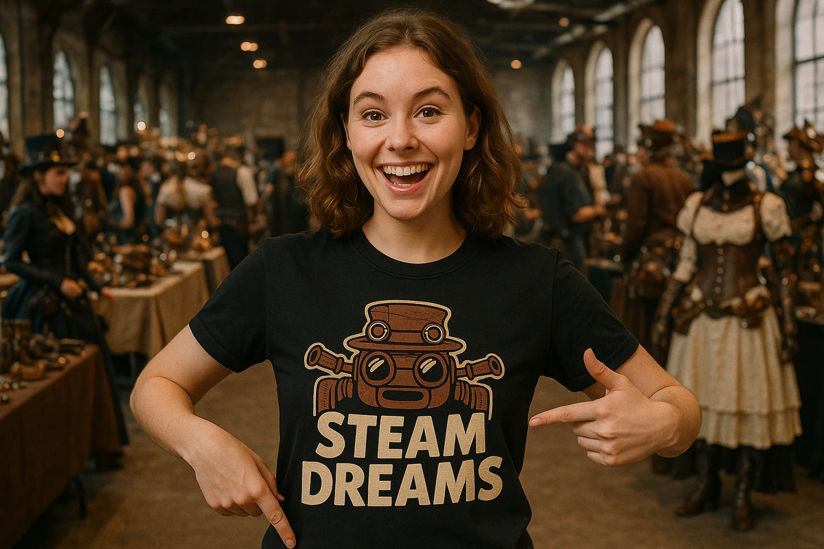 Lifestyle shot of the "Steam Dreams" black steampunk shirts in a real-world setting