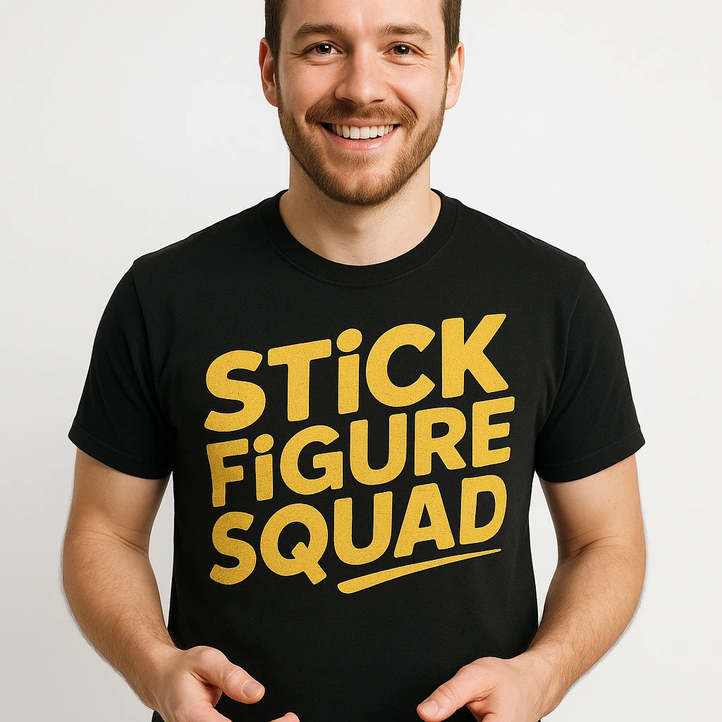 Close-up of the "Stick Figure Squad" yellow print on a premium Bella+Canvas black family life t shirt