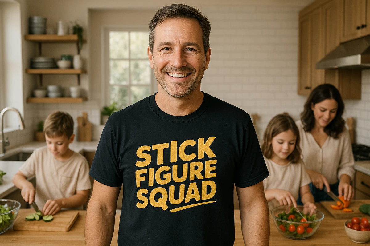 Lifestyle shot of the "Stick Figure Squad" black family life t shirt in a real-world setting