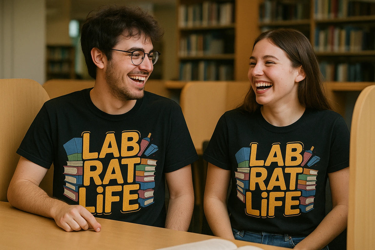 Person wearing the black studying t shirt graphic tee - "Lab Rat Life" design