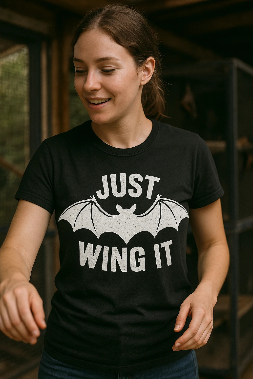 "Just Wing It" black bat t shirt, photographed as gifts for bat lovers