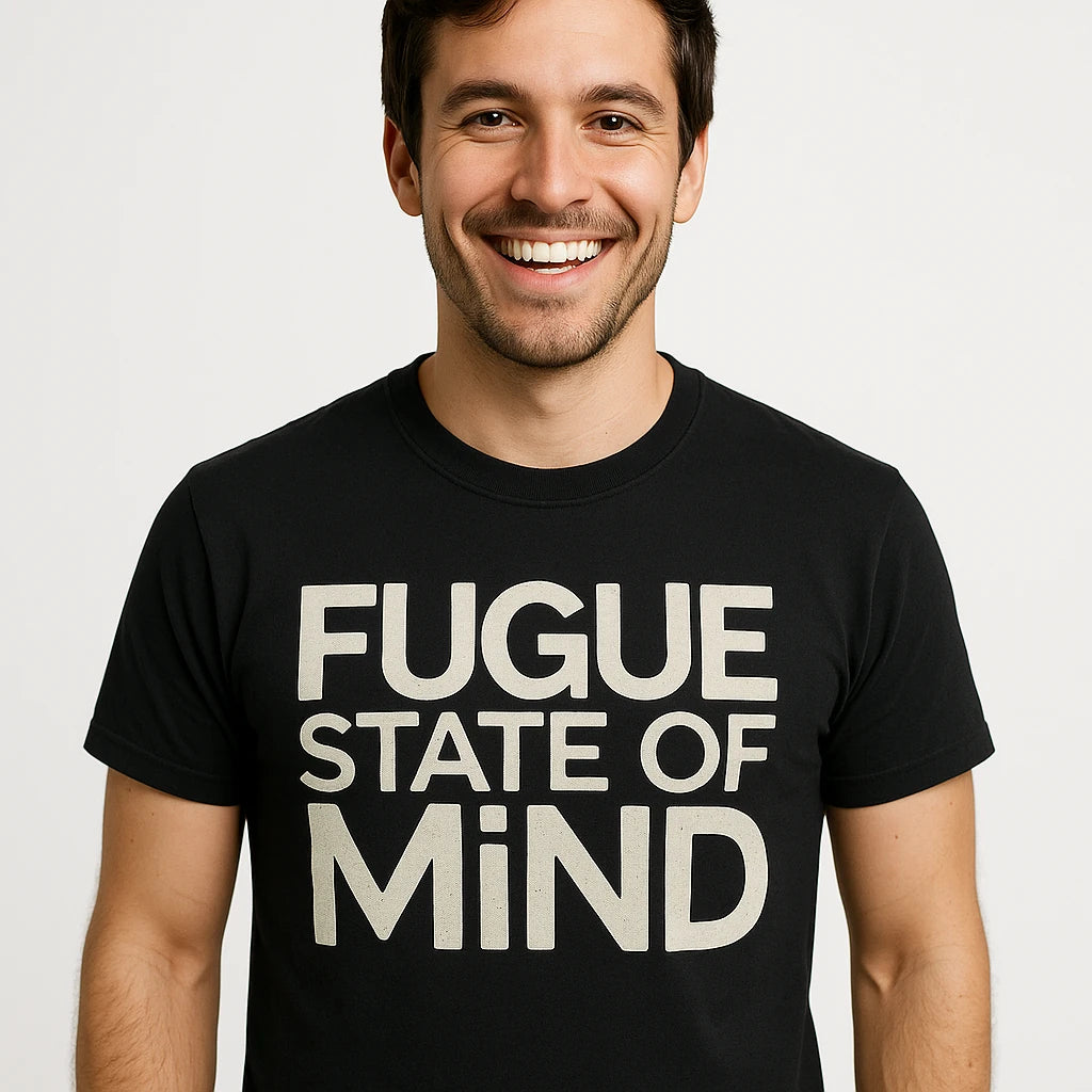 Close-up of the "Fugue State of Mind" beige print on a premium Bella+Canvas black classical music tee shirts