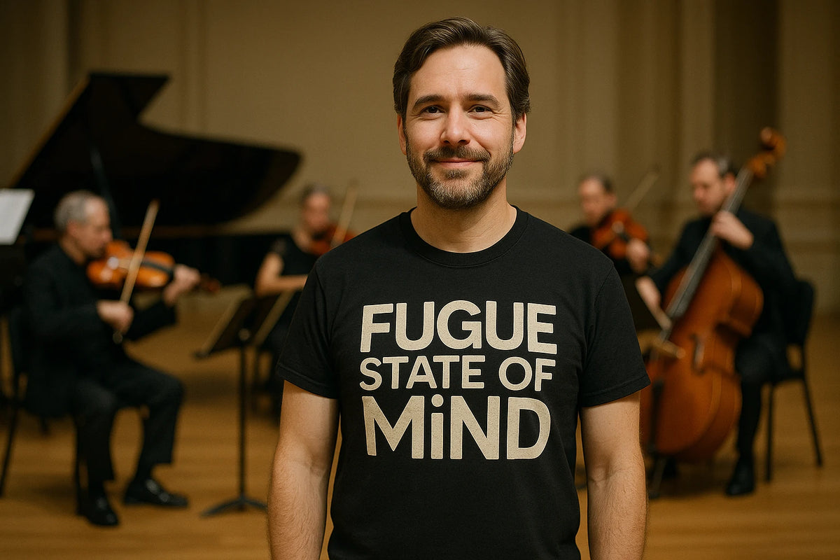 Lifestyle shot of the "Fugue State of Mind" black classical music tee shirts in a real-world setting