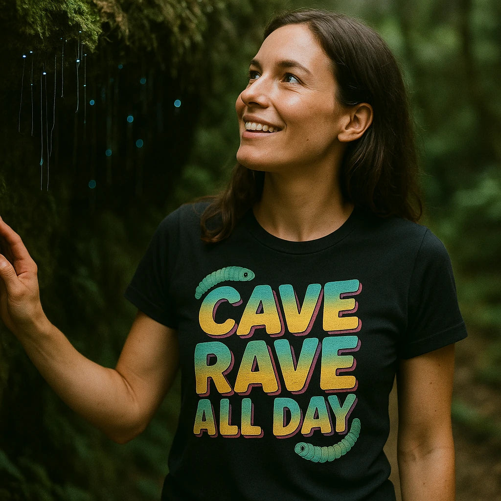 "Cave Rave All Day" glowworms t shirt - product photo 9
