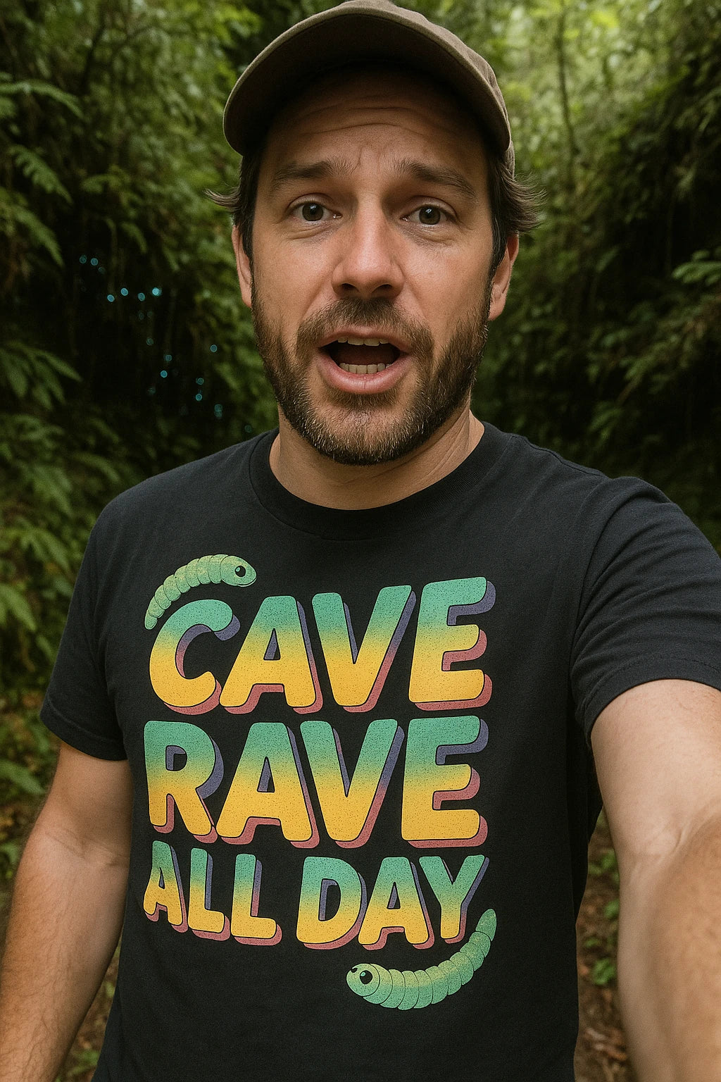 "Cave Rave All Day" black glowworms t shirt, photographed as glowworms lover gift