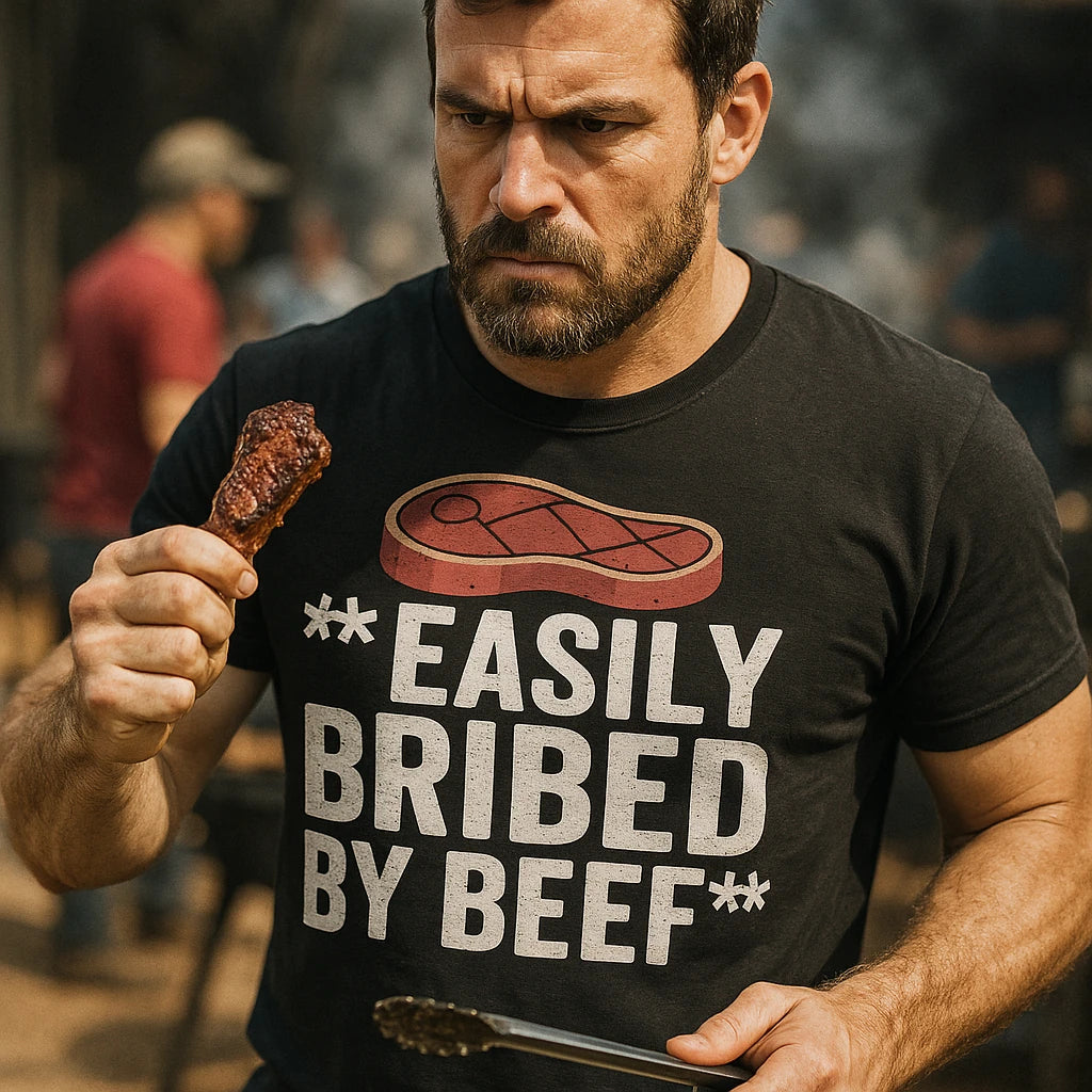 "Easily Bribed By Beef" steak shirts - product photo 8