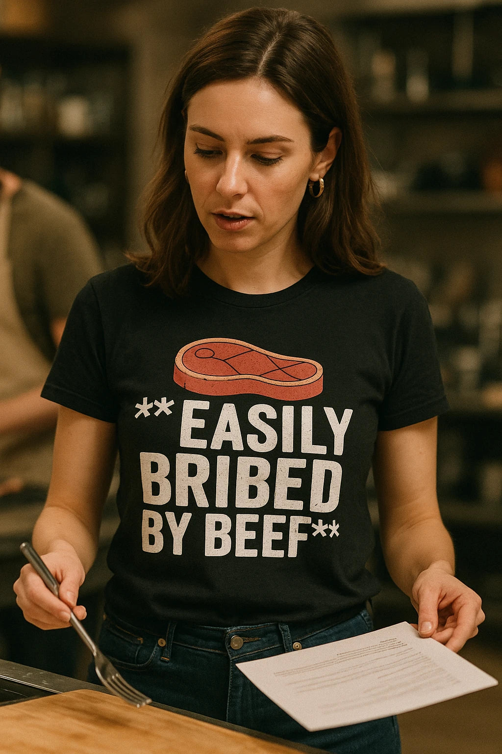 "Easily Bribed By Beef" black steak shirts, photographed as gifts for a steak lover