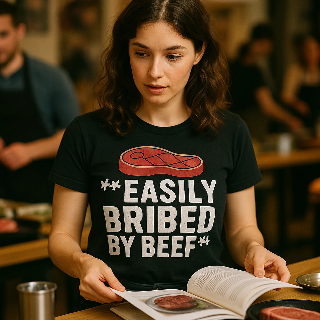 "Easily Bribed By Beef" steak shirts - product photo 7