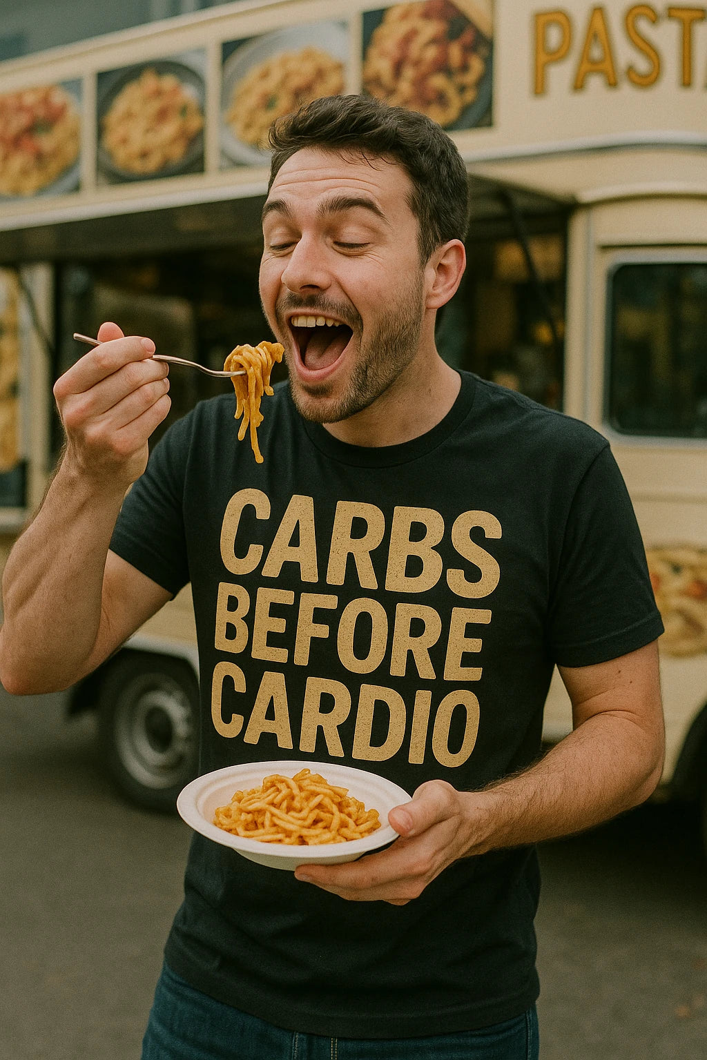 "Carbs Before Cardio" black pasta t shirt - also one of the gifts for the pasta lover