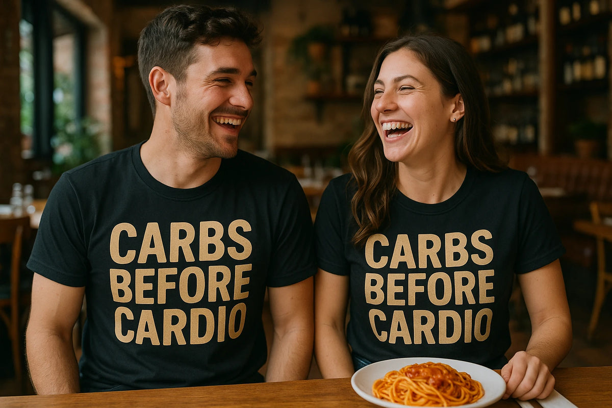 Person wearing the black pasta t shirt graphic tee - "Carbs Before Cardio" design