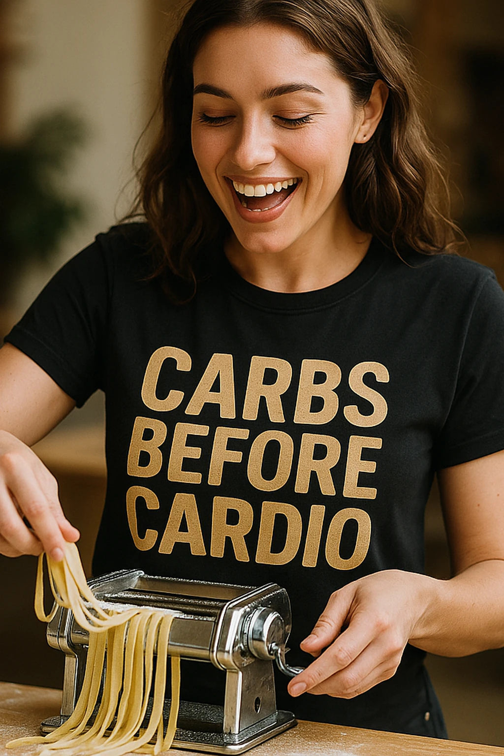 "Carbs Before Cardio" black pasta t shirt, photographed as presents for pasta lovers