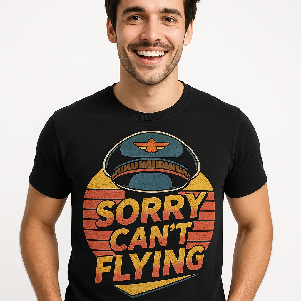 Close-up of the "Sorry Can'T Flying" orange print on a premium Bella+Canvas black pilot shirts