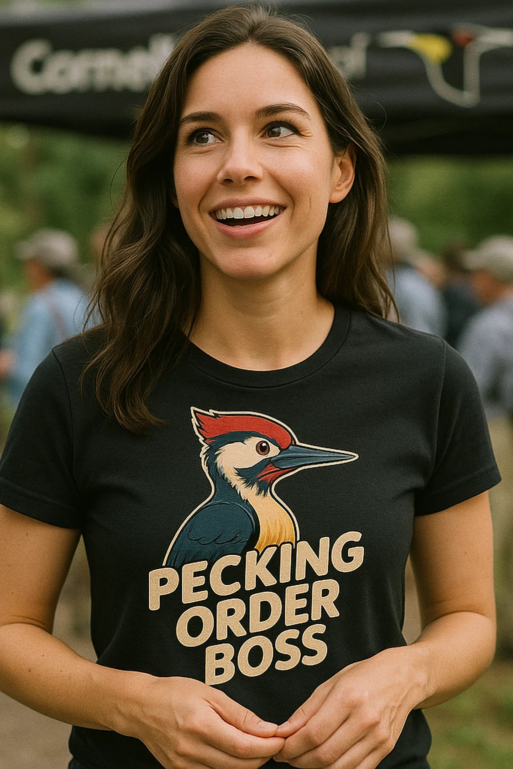 "Pecking Order Boss" black woodpecker t shirt, photographed as woodpecker lover gift