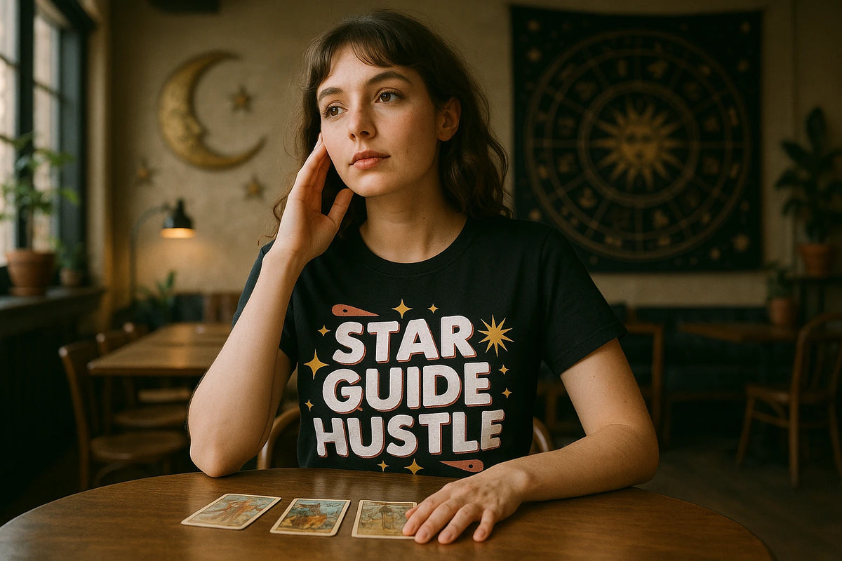 Lifestyle shot of the "Star Guide Hustle" black astrology tee in a real-world setting