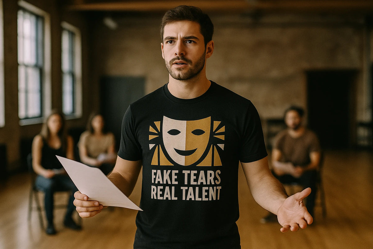 Lifestyle shot of the "Fake Tears Real Talent" black actor t shirt in a real-world setting