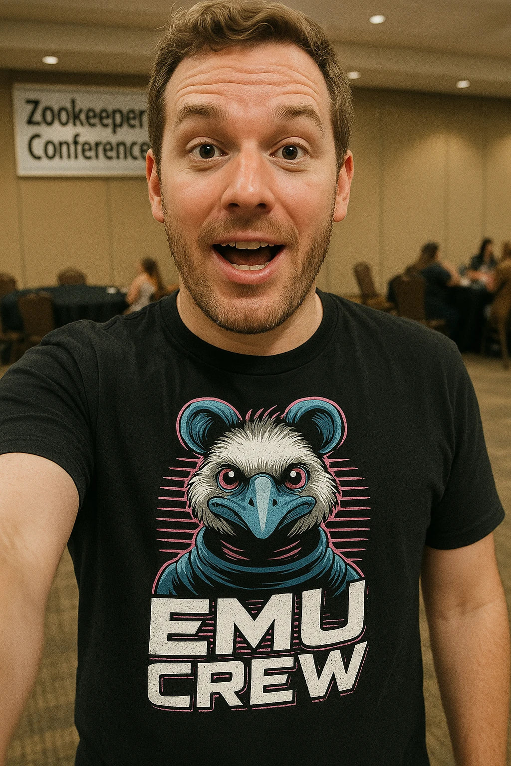 "Emu Crew" black zookeeper neon t shirt, photographed as zookeeper gift ideas