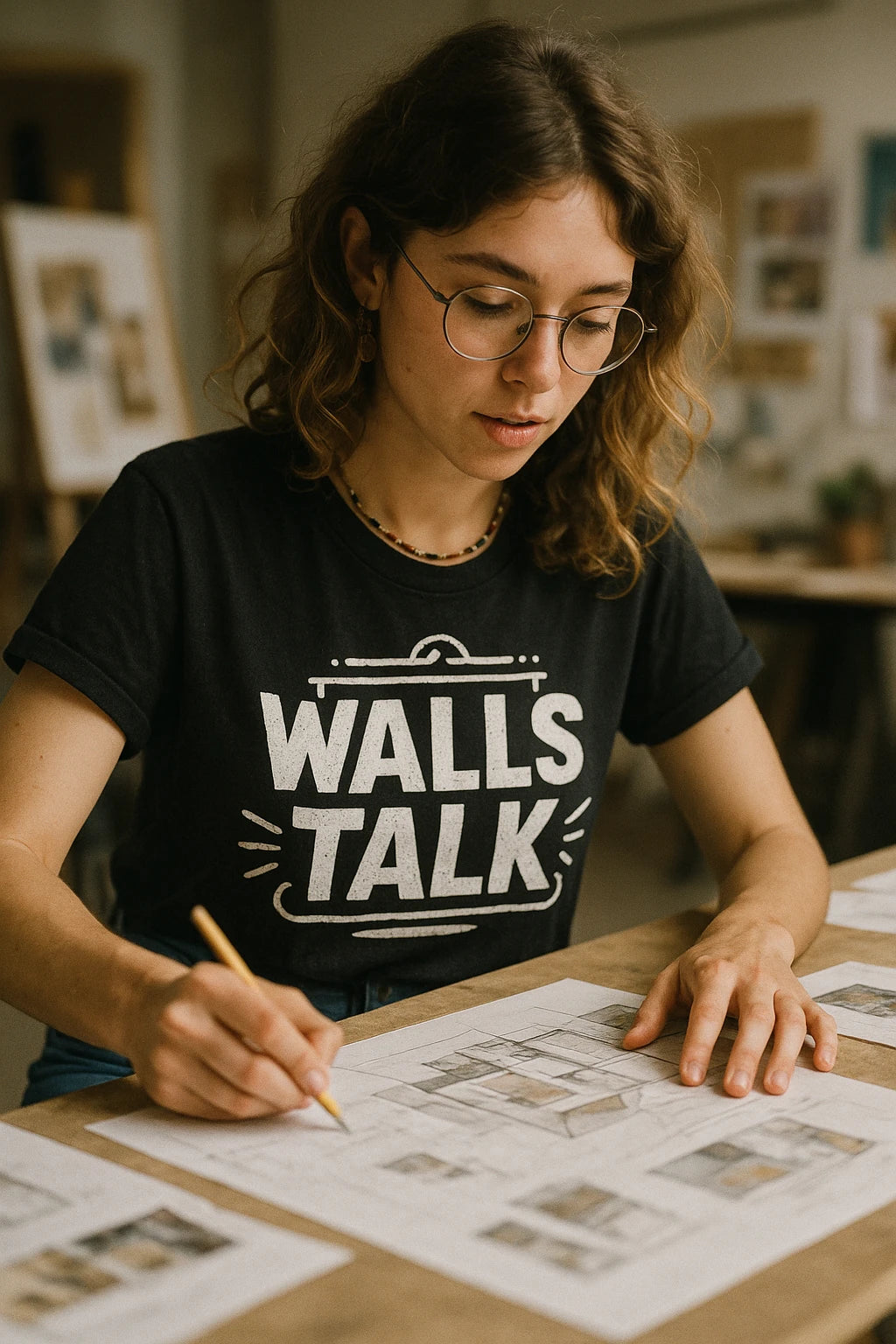 "Walls Talk" black interior designer t shirt - also one of the best gifts for interior designers