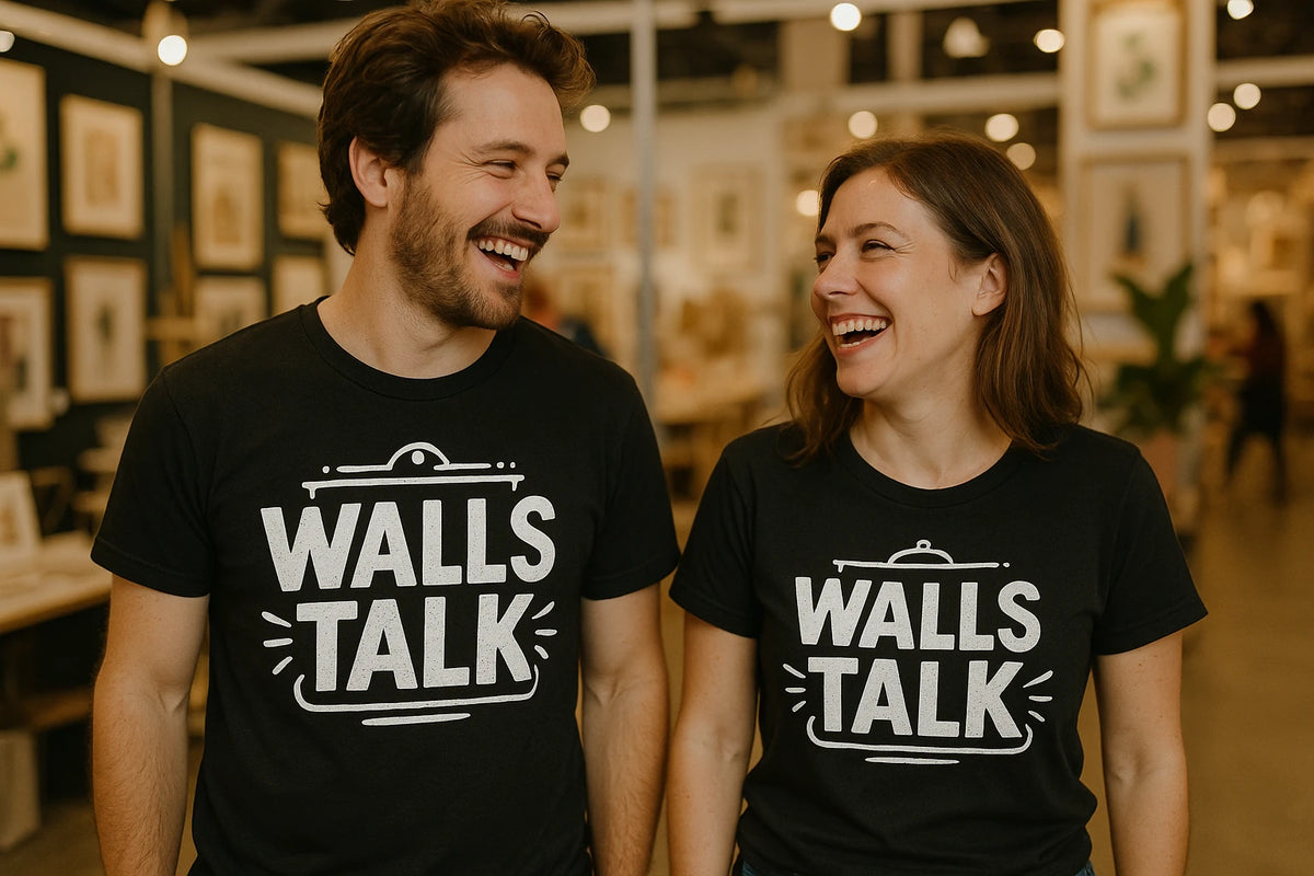 Person wearing the black interior designer t shirt graphic tee - "Walls Talk" design