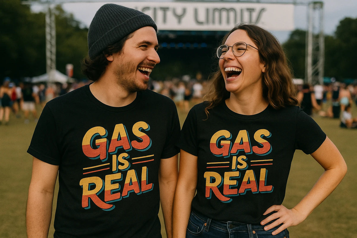 Person wearing the black musician t shirt graphic tee - "Gas Is Real" design