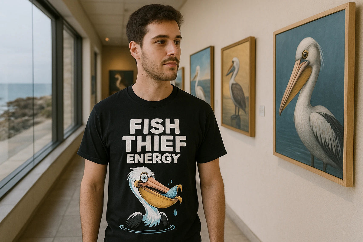 Lifestyle shot of the "Fish Thief Energy" black pelican t shirt in a real-world setting