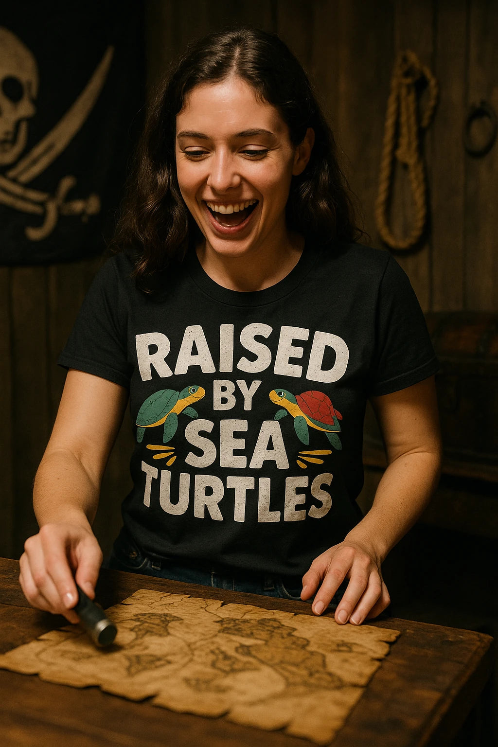 "Raised By Sea Turtles" black pirate shirts for ladies - also a a pirate's life for me shirt