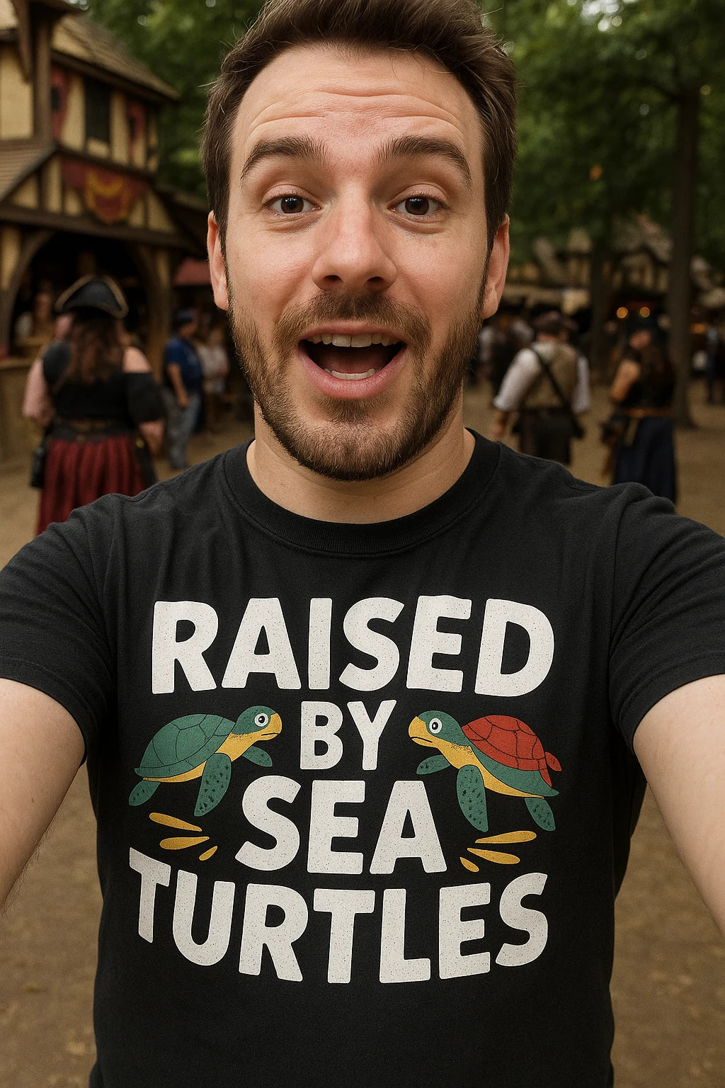 "Raised By Sea Turtles" black pirate shirts for ladies, photographed as gifts for pirate lovers