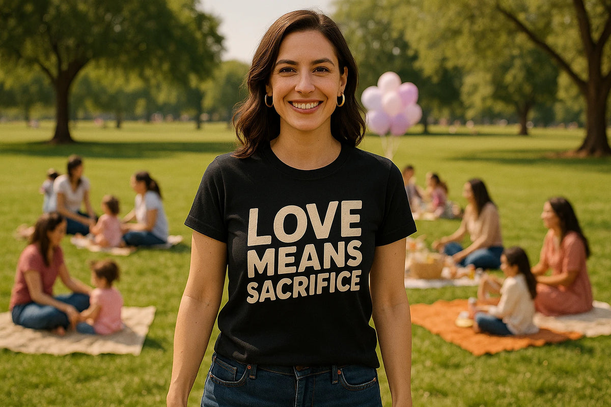 Lifestyle shot of the "Love Means Sacrifice" black mom sacrifice t shirt in a real-world setting