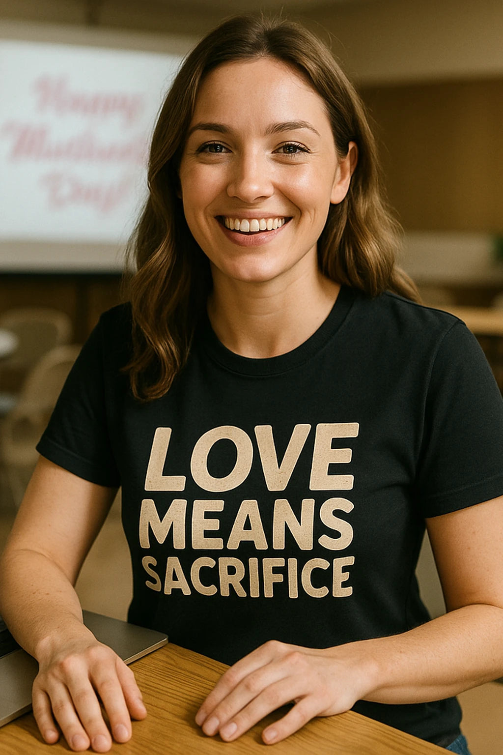 "Love Means Sacrifice" black mom sacrifice t shirt, photographed as mom sacrifice lover gift