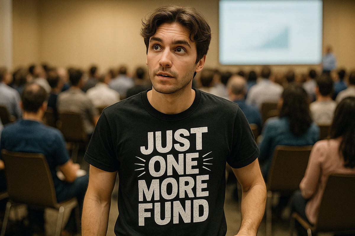 Lifestyle shot of the "Just One More Fund" black financial advisor t shirt in a real-world setting