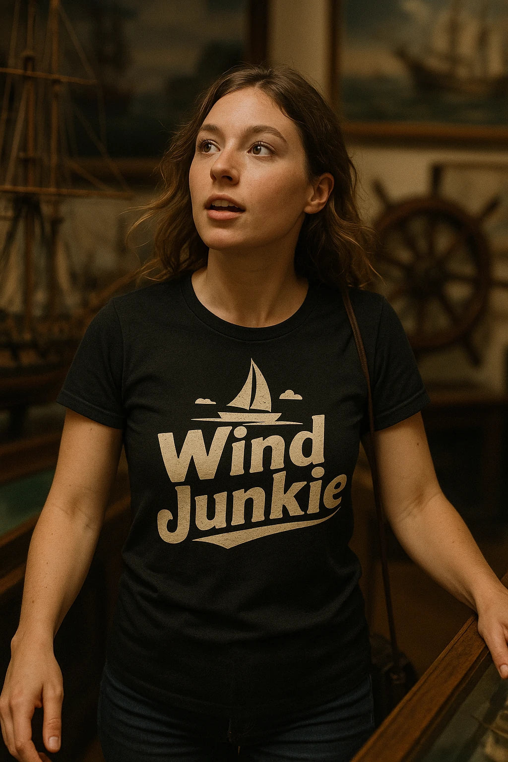 "Wind Junkie" black sailing t shirt, photographed as gifts for sailing lovers