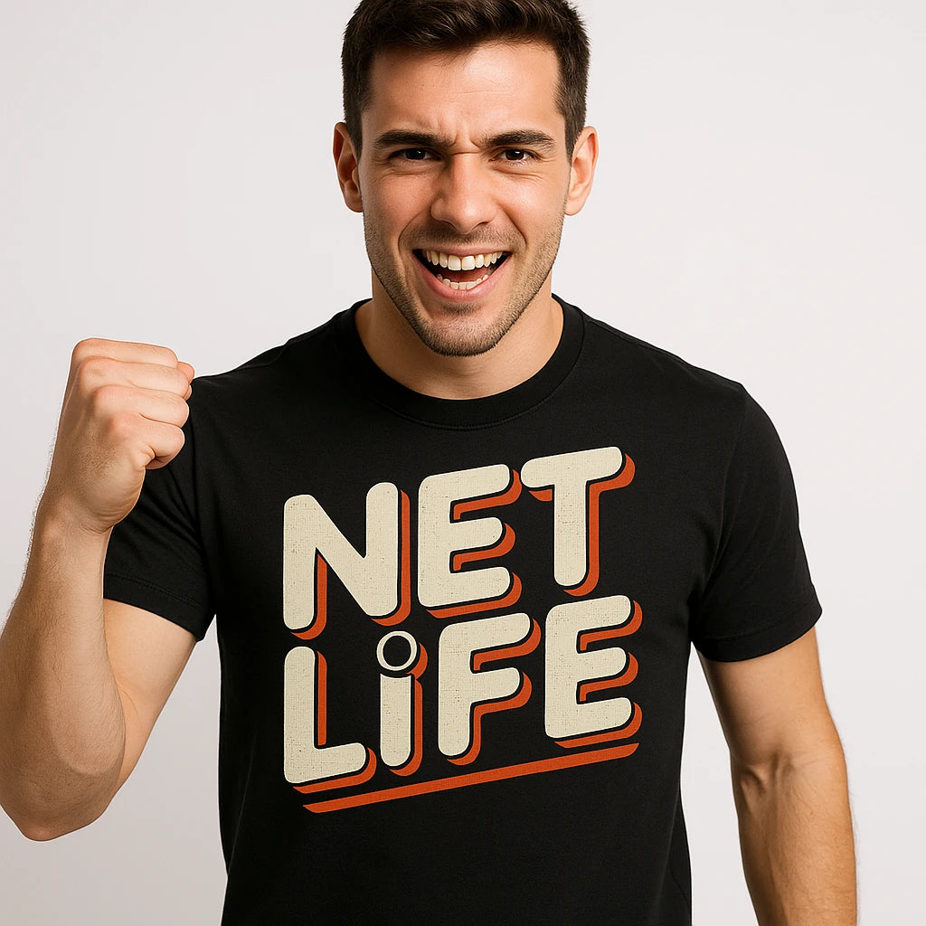 Close-up of the "Net Life" beige print on a premium Bella+Canvas black hockey t shirt