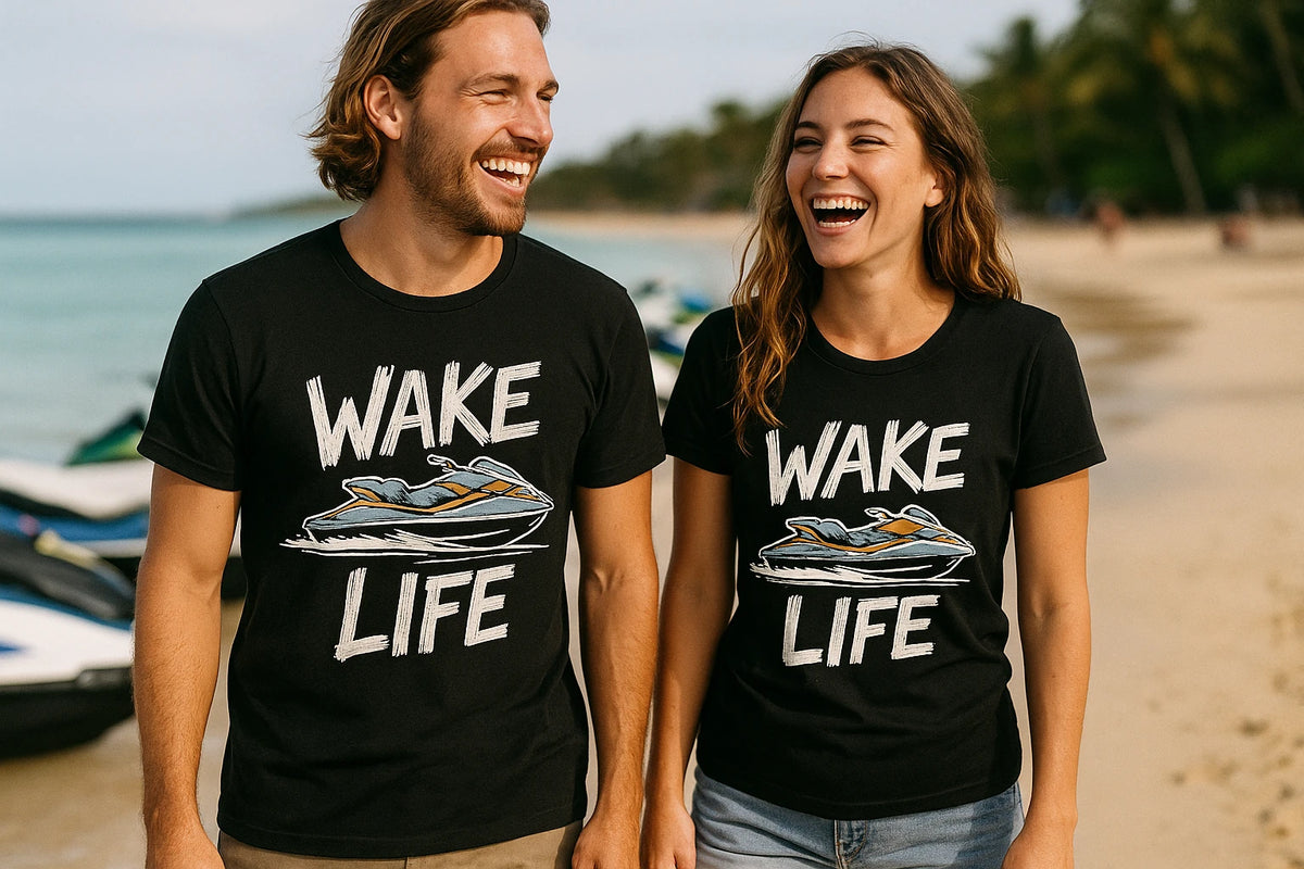 Person wearing the black skiing t shirt graphic tee - "Wake Life" design