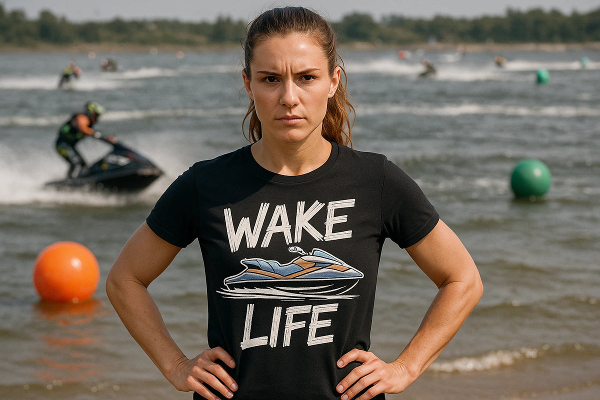 Lifestyle shot of the "Wake Life" black skiing t shirt in a real-world setting